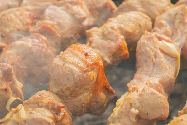 Shish Kebab Hecho Trozos Cerdo Cocina Pinchos Parrilla —  Fotos de Stock