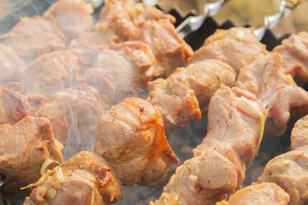 Shish Kebab Gemaakt Van Stukjes Varkensvlees Wordt Gekookt Spiesjes Grill — Stockfoto