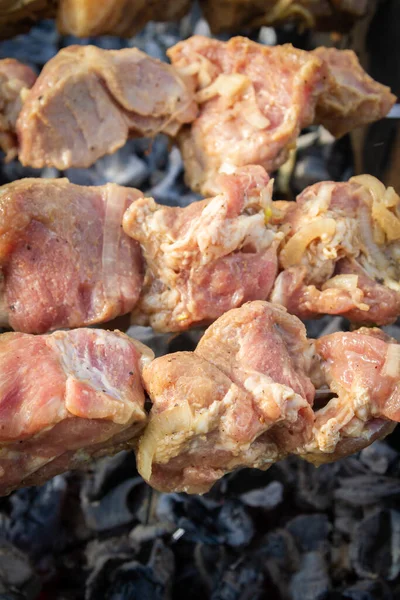Shish Kebab Feito Pedaços Carne Porco Cozido Espetos Grelha — Fotografia de Stock