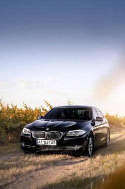 Kherson, Ukrayna - Haziran 2019. Üzüm bağlarında siyah BMW 5 serisi F10.