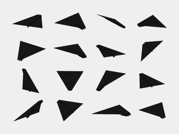 Sammlung Schwarzer Papierflieger Mit Unterschiedlichen Ansichten Und Blickwinkeln — Stockvektor