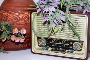 Kahverengi bir toprak sürahisinin arka planında bej retro alıcısı ve çiçekler..