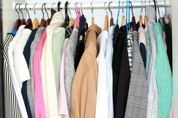Multi Colored Clothes Hanging Hangers Closet Light Background — Stock Photo, Image