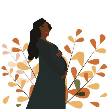 Web Seçkin Hamile Kadın. Dalları olan beyaz bir arka planda. Düz Çizim.