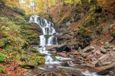 Sonbahar ormanındaki inanılmaz şelale manzarası. Ukrayna 'daki Guk şelalesinin sonbahar renkleri.