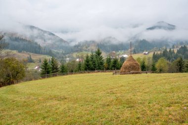Misty morning in the Carpathian mountains in autumn. White fog over the dreamy mountain range, covered with green forest
