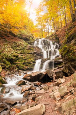 Beautiful waterfall with trees, red leaves, rocks and stones in autumn forest