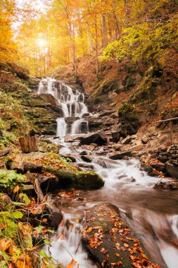 Beautiful waterfall with trees, red leaves, rocks and stones in autumn forest