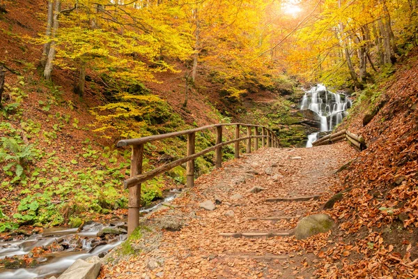 Beautiful Waterfall Trees Red Leaves Rocks Stones Autumn Forest Imagen De Stock