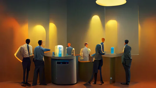 Characters, Office staff members standing talking and socializing around the company water cooler, ultra detailed, stylized, cinematic lighting, 3D dimensionality.