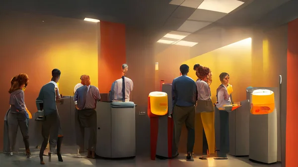 Characters, Office staff members standing talking and socializing around the company water cooler, ultra detailed, stylized, cinematic lighting, 3D dimensionality.