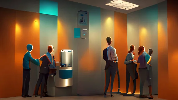 Characters, Office staff members standing talking and socializing around the company water cooler, ultra detailed, stylized, cinematic lighting, 3D dimensionality.