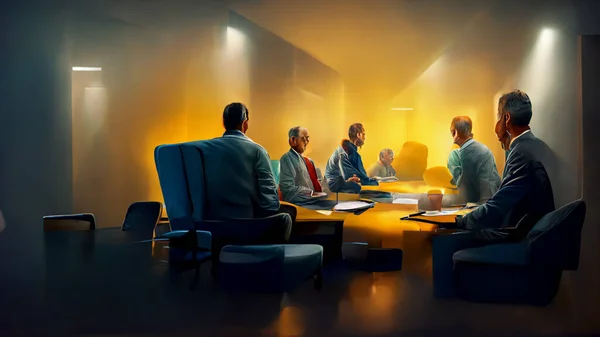 Characters, Small group of 3 or 4 ultra realistic, photorealistic office workers having a team meeting in a small comfortable board room with a video screen wall.