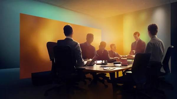Characters, Small group of 3 or 4 ultra realistic, photorealistic office workers having a team meeting in a small comfortable board room with a video screen wall.