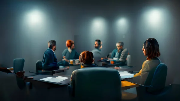 Characters, Small group of 3 or 4 ultra realistic, photorealistic office workers having a team meeting in a small comfortable board room with a video screen wall.