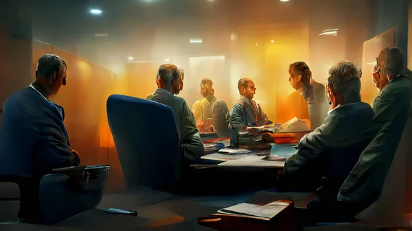 Characters, Small group of 3 or 4 ultra realistic, photorealistic office workers having a team meeting in a small comfortable board room with a video screen wall.