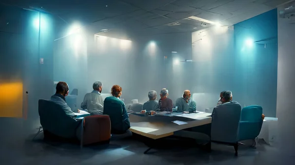 Characters, Small group of 3 or 4 ultra realistic, photorealistic office workers having a team meeting in a small comfortable board room with a video screen wall.