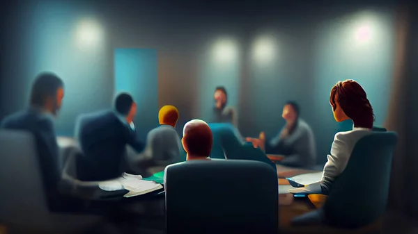 Characters, Small group of 3 or 4 ultra realistic, photorealistic office workers having a team meeting in a small comfortable board room with a video screen wall.