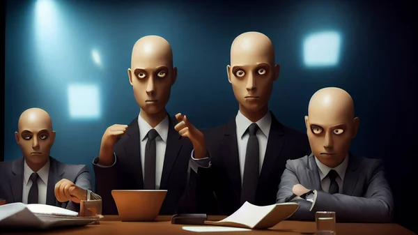 Characters, Small group of 3 or 4 ultra realistic, photorealistic office workers having a team meeting in a small comfortable board room with a video screen wall.