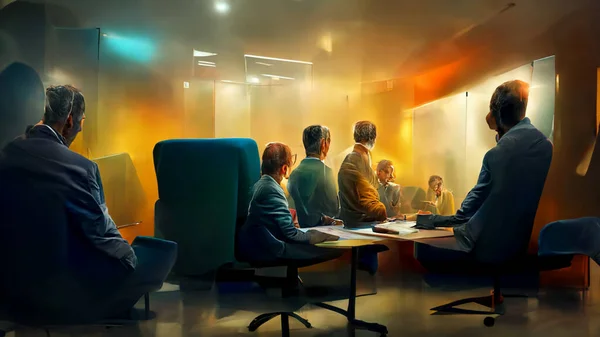 Characters, Small group of 3 or 4 ultra realistic, photorealistic office workers having a team meeting in a small comfortable board room with a video screen wall.