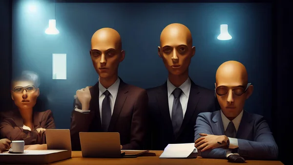 Characters, Small group of 3 or 4 ultra realistic, photorealistic office workers having a team meeting in a small comfortable board room with a video screen wall.