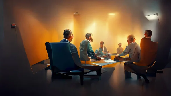 Characters, Small group of 3 or 4 ultra realistic, photorealistic office workers having a team meeting in a small comfortable board room with a video screen wall.