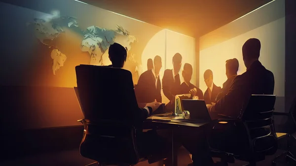 Characters, Small group of 3 or 4 ultra realistic, photorealistic office workers having a team meeting in a small comfortable board room with a video screen wall.