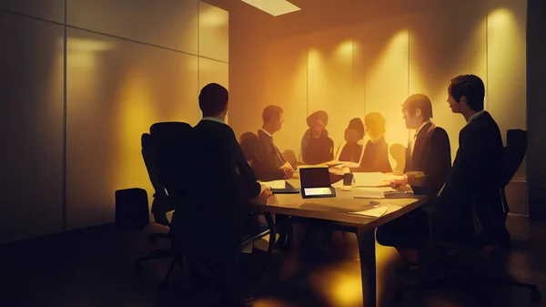 Characters, Small group of 3 or 4 ultra realistic, photorealistic office workers having a team meeting in a small comfortable board room with a video screen wall.