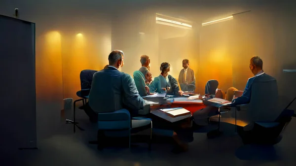 Characters, Small group of 3 or 4 ultra realistic, photorealistic office workers having a team meeting in a small comfortable board room with a video screen wall.