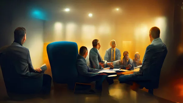 Characters, Small group of 3 or 4 ultra realistic, photorealistic office workers having a team meeting in a small comfortable board room with a video screen wall.