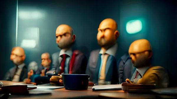 Characters, Small group of 3 or 4 ultra realistic, photorealistic office workers having a team meeting in a small comfortable board room with a video screen wall.