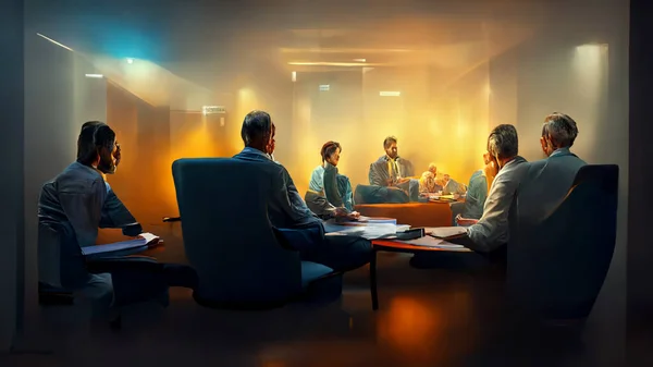 Characters, Small group of 3 or 4 ultra realistic, photorealistic office workers having a team meeting in a small comfortable board room with a video screen wall.