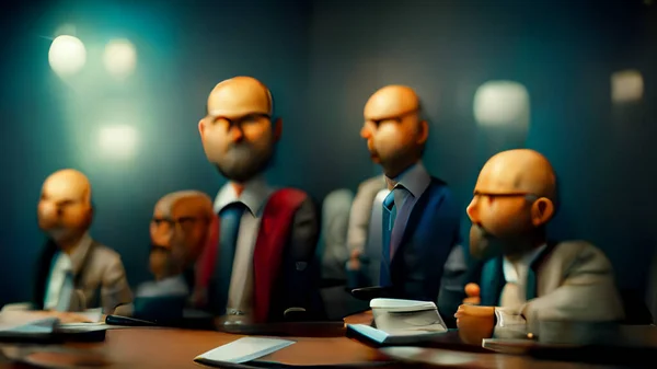 Characters, Small group of 3 or 4 ultra realistic, photorealistic office workers having a team meeting in a small comfortable board room with a video screen wall.