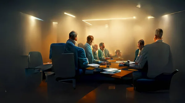 Characters, Small group of 3 or 4 ultra realistic, photorealistic office workers having a team meeting in a small comfortable board room with a video screen wall.