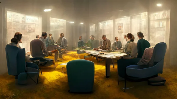 Characters, Small group of 3 or 4 ultra realistic, photorealistic office workers having a team meeting in a small comfortable board room with a video screen wall.