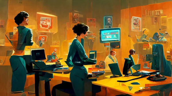 Office staff members in front of their computers at their workstations, ultra detailed, stylized