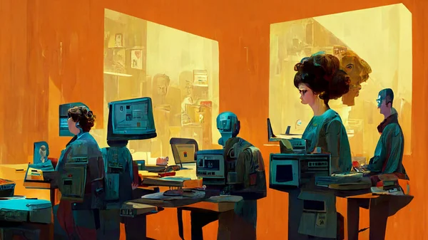 Office staff members in front of their computers at their workstations, ultra detailed, stylized