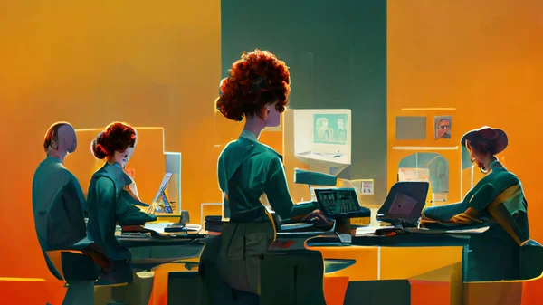 Office staff members in front of their computers at their workstations, ultra detailed, stylized