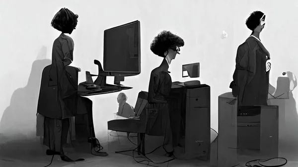 Office staff members in front of their computers at their workstations, ultra detailed, stylized