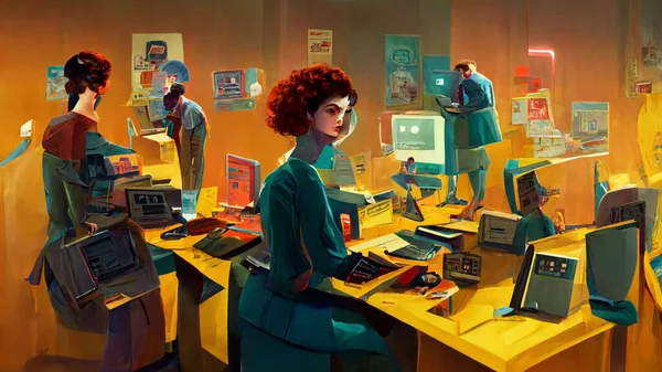 Office staff members in front of their computers at their workstations, ultra detailed, stylized