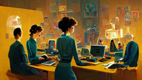 Office staff members in front of their computers at their workstations, ultra detailed, stylized