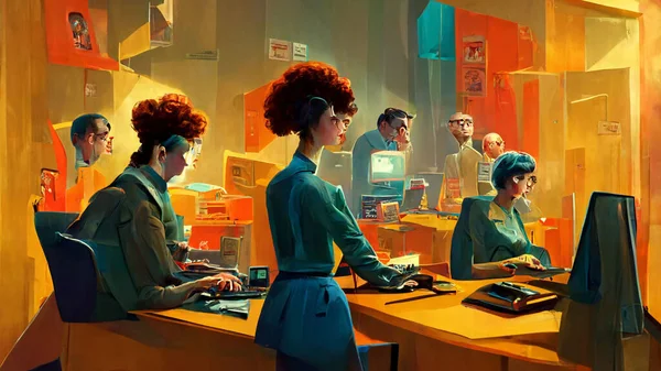 Office staff members in front of their computers at their workstations, ultra detailed, stylized