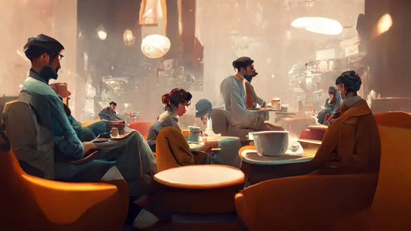 Characters, A small group of casually dressed photo realistic looking people sitting, socializing and having coffee, in a beautiful stylish caf, stylized, cinematic.