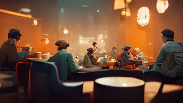Characters, A small group of casually dressed photo realistic looking people sitting, socializing and having coffee, in a beautiful stylish caf, stylized, cinematic.