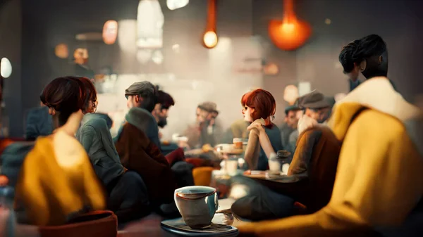 Characters, A small group of casually dressed photo realistic looking people sitting, socializing and having coffee, in a beautiful stylish caf, stylized, cinematic.