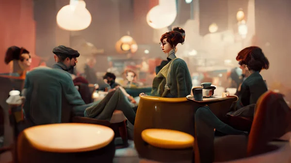 Characters, A small group of casually dressed photo realistic looking people sitting, socializing and having coffee, in a beautiful stylish caf, stylized, cinematic.