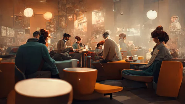 Characters, A small group of casually dressed photo realistic looking people sitting, socializing and having coffee, in a beautiful stylish caf, stylized, cinematic.