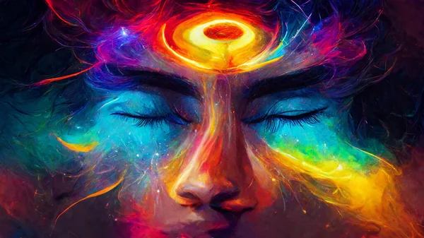 Surreal image of an Enlightened being projecting the power of intention into the universe and manifesting a new amazing reality, Ultra Vivid Colours, Very Detailed.