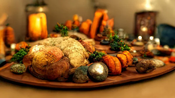 Festive thanksgiving dinner table filled with beautiful thanksgiving food and wonderous, fantastic thanksgiving decorations, large rustic dining room, natural light, photo realistic, cinematic.