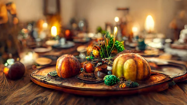 Festive thanksgiving dinner table filled with beautiful thanksgiving food and wonderous, fantastic thanksgiving decorations, large rustic dining room, natural light, photo realistic, cinematic.